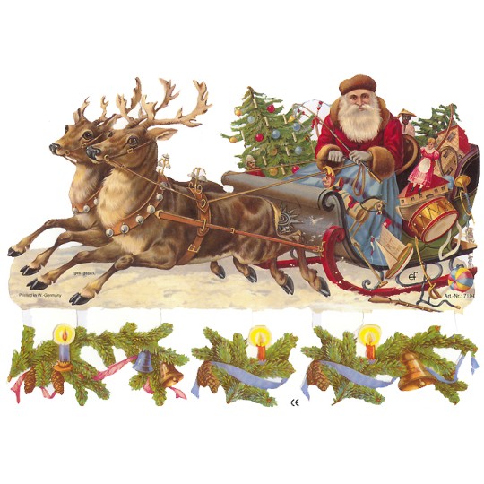 Large Santa in Sleigh and Greenery Scraps ~ Germany